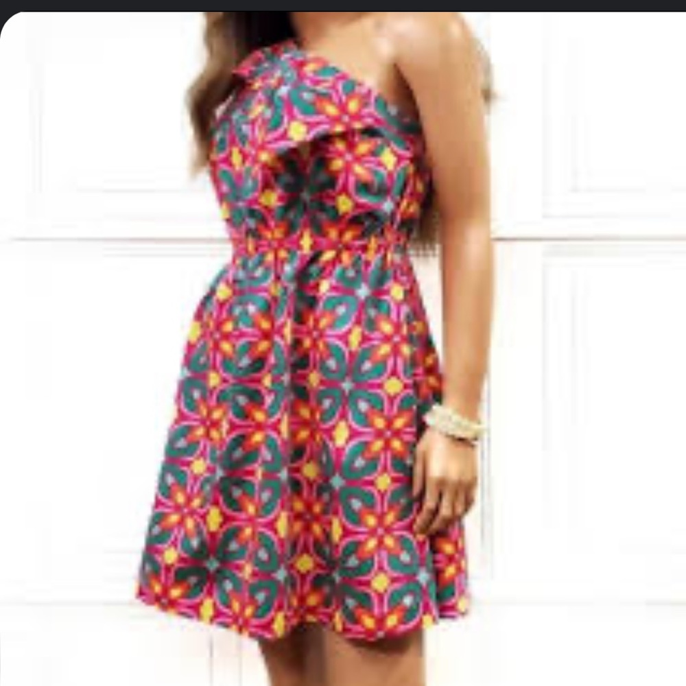 Ellen & Ollie dress one shoulder with bow bright multicolor with pink - size 8
